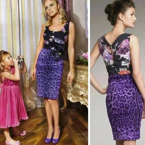 Dolce & Gabbana Leopard Floral Silk Mini Dress 44 M Ruched Draped Purple Black - Picture 1 of 10